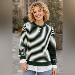 Cali Be Green & White Striped Sweatshirt Faux White Undershirt Sz L